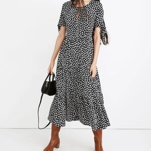 Tie-Sleeve Tiered Midi Dress in Woodcut Flowers